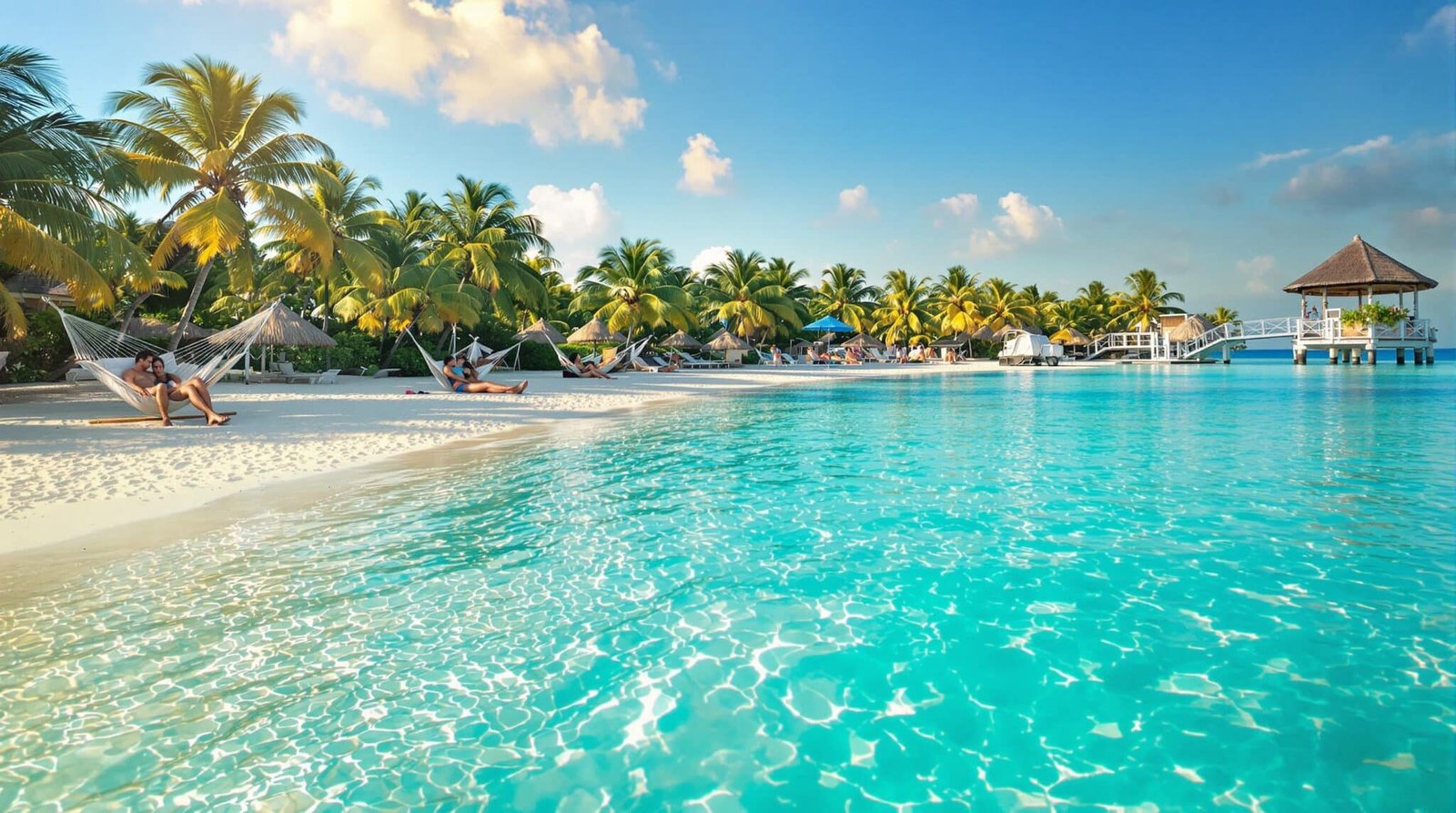 Plage tropicale avec palmiers, eau turquoise et personnes se relaxant dans des hamacs