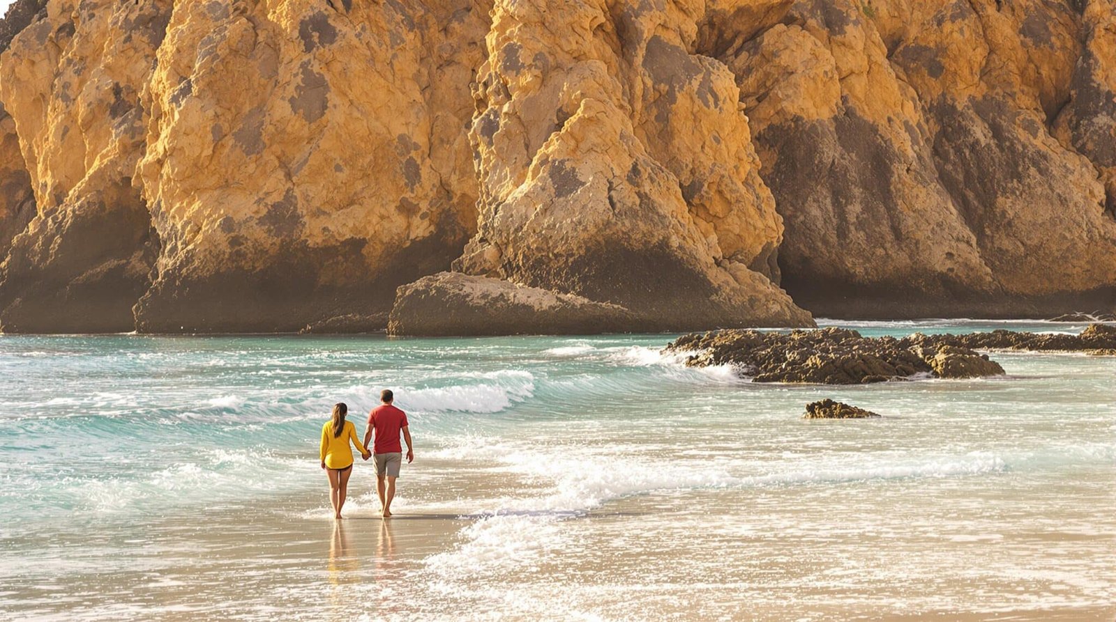 Couple marchant main dans la main sur une plage ensoleillée