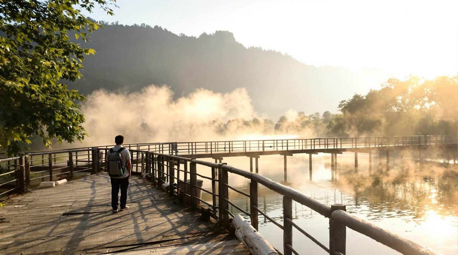 Person walking on a misty bridge at dawn