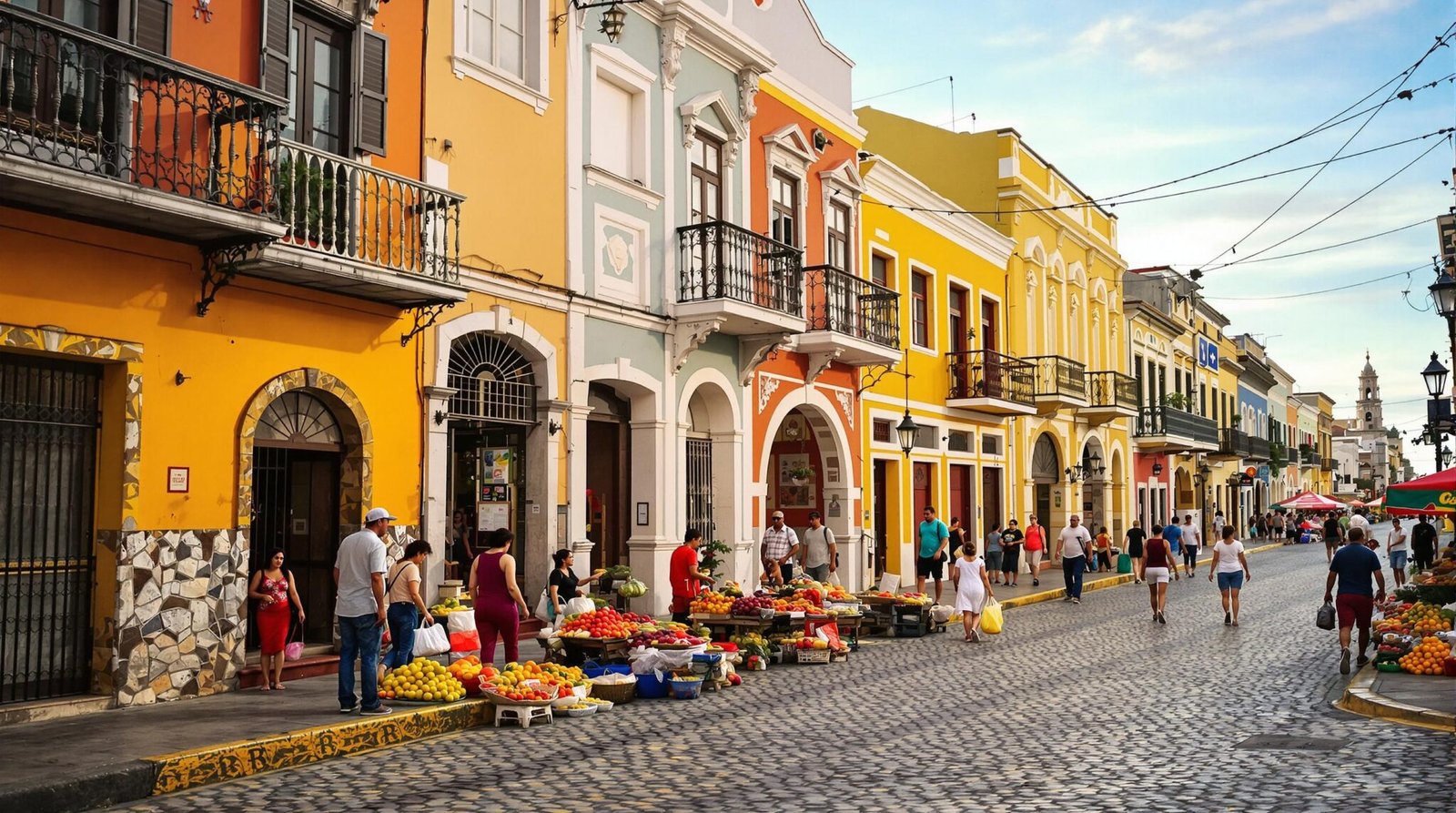 Rue animée avec des bâtiments colorés et des étals de fruits
