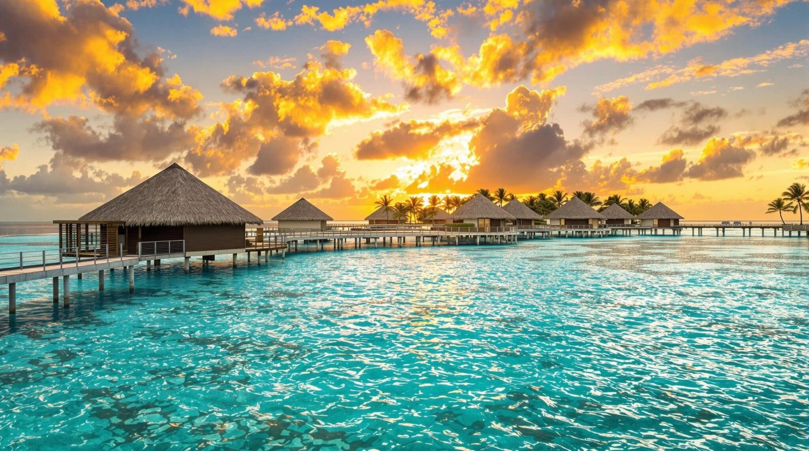 Bungalows sur pilotis dans un lagon turquoise au coucher du soleil