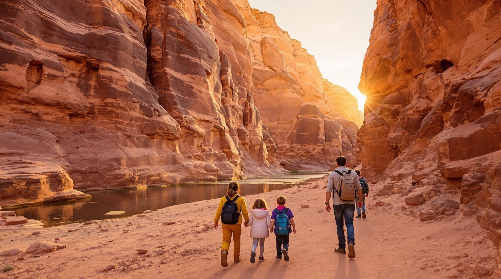 Famille marchant dans un canyon au coucher du soleil