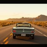 Vintage Mustang convertible on Route 66 at sunset.