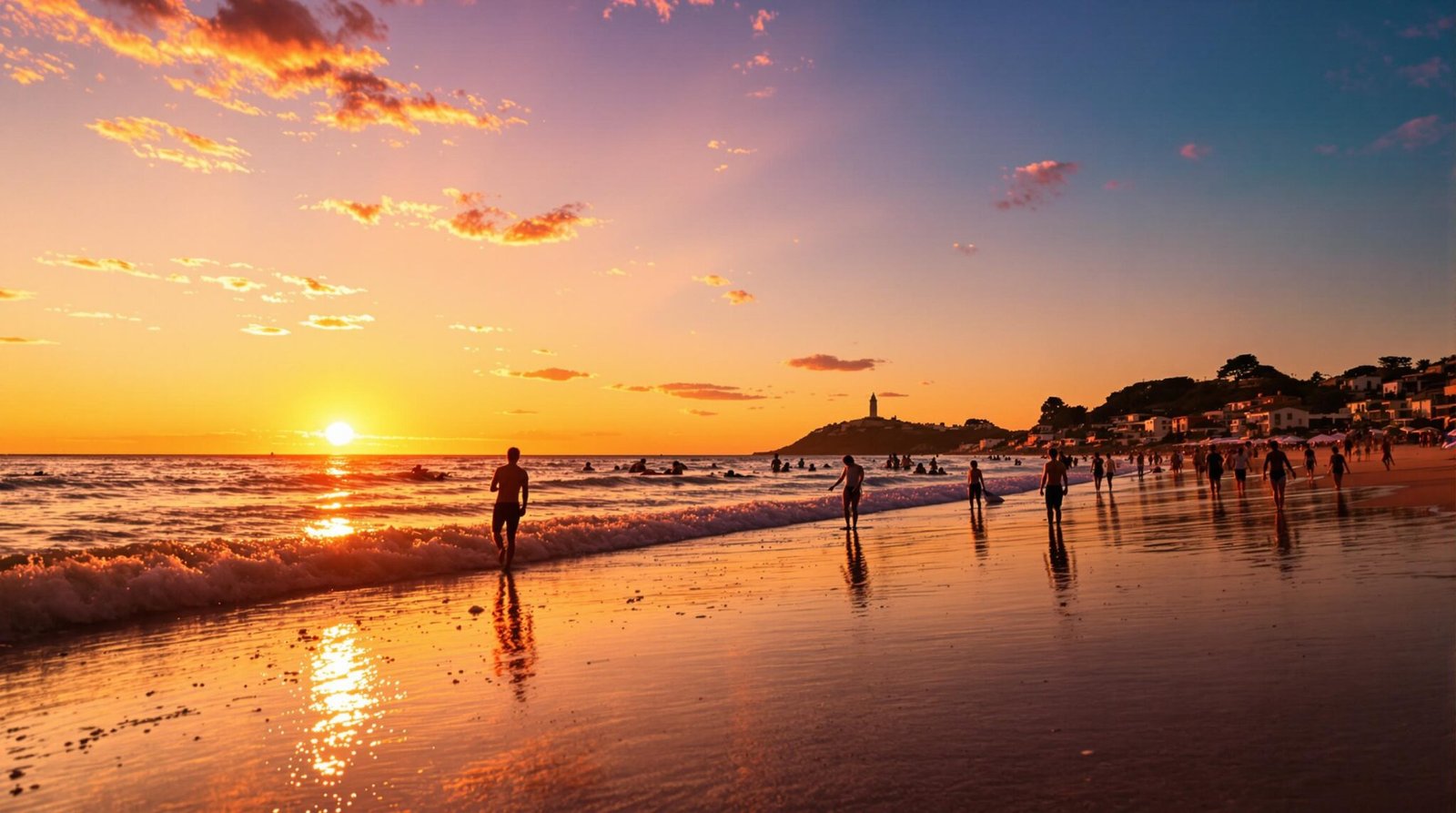 Plage animée au coucher du soleil