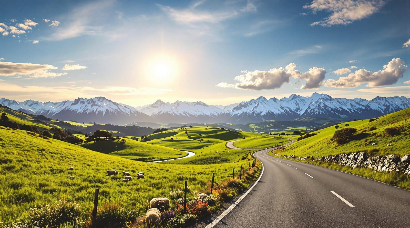 Paysage de montagne avec une route sinueuse, des moutons et un ciel bleu.