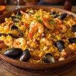 Paella with seafood and chorizo.