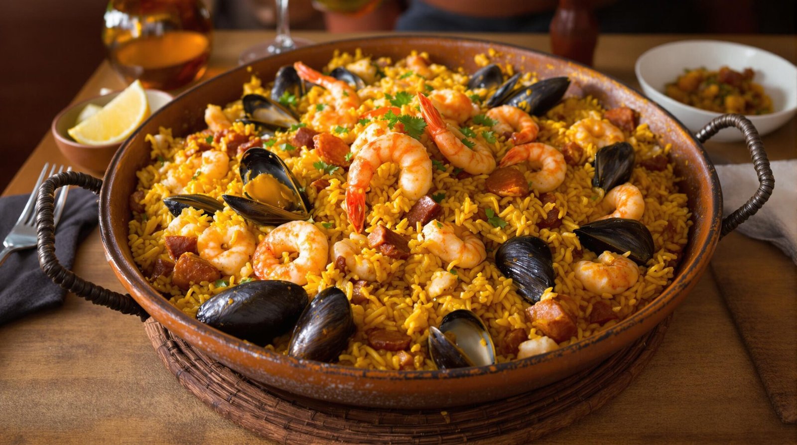 Paella with seafood and chorizo.