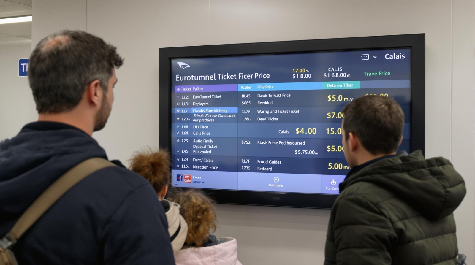 People looking at Eurotunnel ticket prices display.