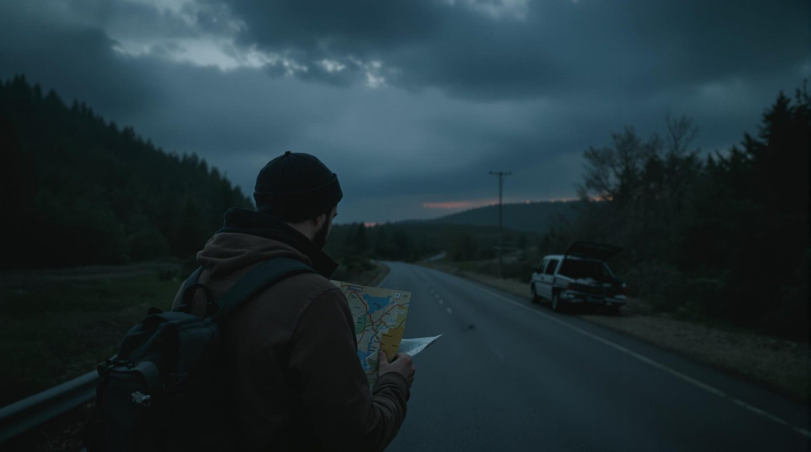Man with map on road, van in background.