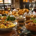 Table laden with food, including pasta, stew, and wine.