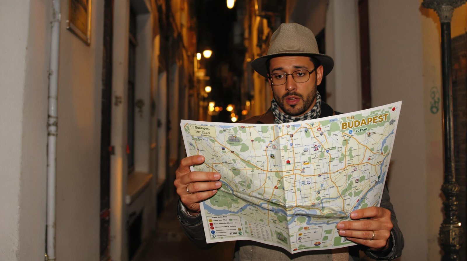 Man with hat looking at a map of Budapest at night.