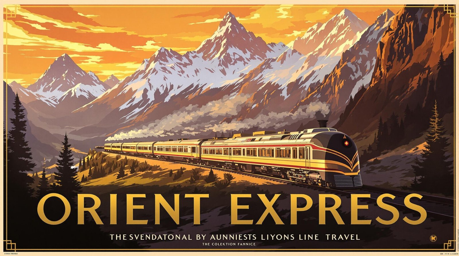 Orient Express poster with train and mountains.